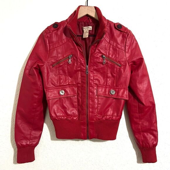 Paris Blues Y2K Red Faux Leather Bomber Jacket Pleather Vinyl Size M - Picture 1 of 8